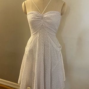 Calvin Klein halter neck, gathered bodice, eyelet lace, fit and flare dress